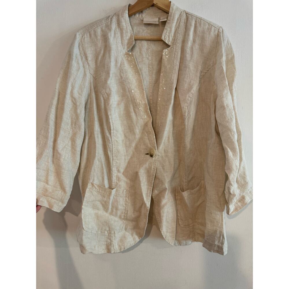 Chico's Blazer Womens Plus Sequin lapel one button front pocket cream neutral 3